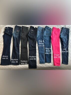 Rag & Bone, JBrand, Hudson, AG and Paige. See photo for sizing.